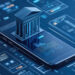 A smartphone with a digital bank building hologram on its screen, surrounded by futuristic financial data and graphs in blue tones. The background features more digital interfaces with various financial statistics and diagrams. | MONEY6X