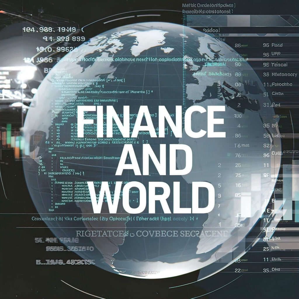 A digital collage with a globe overlay displaying the words "Finance and World." Background features scattered numerical data, graphs, and code, symbolizing global finance and technology themes. | MONEY6X