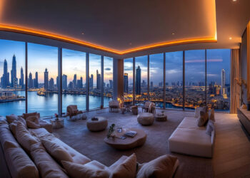 Luxurious living room in a Dubai flat with expansive windows showcasing a stunning cityscape and waterfront at sunset. The room features plush seating and ambient lighting, creating a warm and inviting atmosphere. | MONEY6X