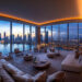 Luxurious living room in a Dubai flat with expansive windows showcasing a stunning cityscape and waterfront at sunset. The room features plush seating and ambient lighting, creating a warm and inviting atmosphere. | MONEY6X
