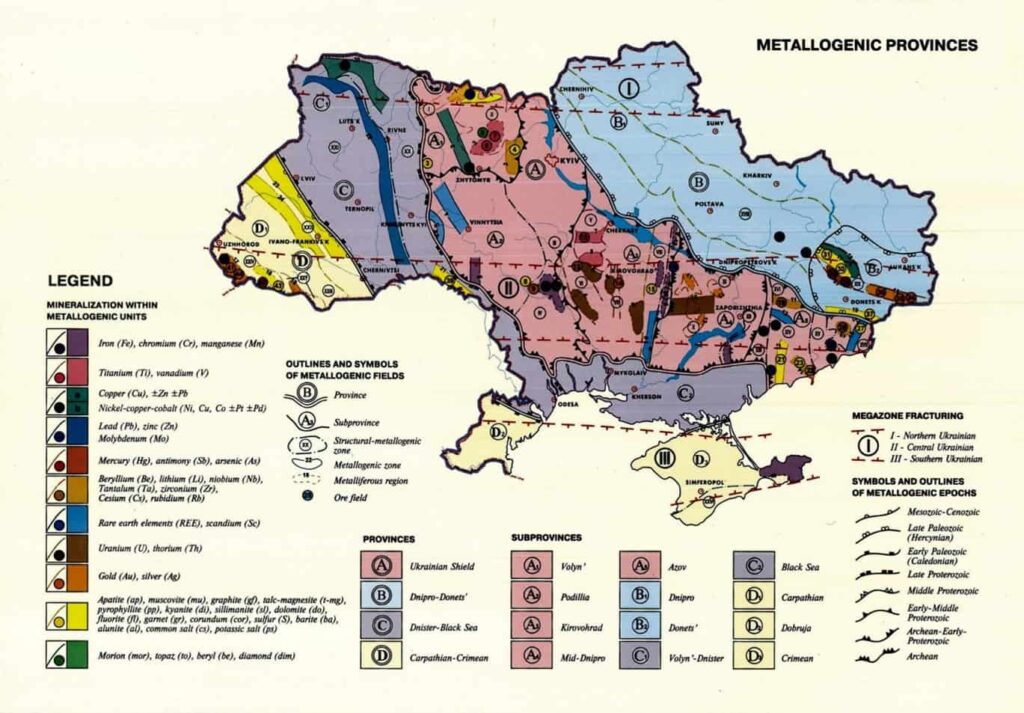 Map of Ukraine detailing metallogenic provinces with regions colored by metal type, such as iron, copper, and gold. Includes numbered legend and symbols for metallogenic fields and tectonic features—valuable insights for finance sectors interested in mineral investments. | MONEY6X