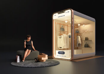 A woman sits on a bench holding a credit card beside shopping bags, gazing at a giant smartphone designed as a boutique fashion store—an impressive product visualization with clothes and accessories beautifully displayed inside. | MONEY6X