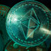 Close-up of various cryptocurrency coins with a prominent Ethereum coin radiating at the center. The intricate patterns on the coins are bathed in a greenish glow, evoking a futuristic digital theme. | MONEY6X