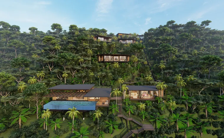 Hillside retreat set within lush greenery. Modern buildings with large windows are nestled among dense trees. A central structure features an infinity pool, while wooden stairways connect different levels of the complex under a blue sky. | MONEY6X