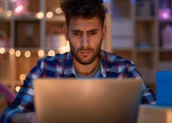 A young man with a beard looks intently at a laptop screen in a cozy, dimly lit room decorated with string lights—capturing the quiet focus of people trying to make money online. Shelves line the background. | MONEY6X