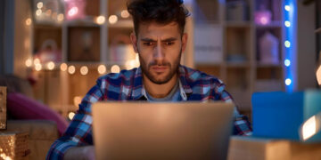 A young man with a beard looks intently at a laptop screen in a cozy, dimly lit room decorated with string lights—capturing the quiet focus of people trying to make money online. Shelves line the background. | MONEY6X