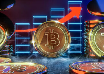 A large Bitcoin coin stands before glowing blue bar graphs and an upward red arrow, symbolizing rising cryptocurrency value and market growth—reflecting trends seen in the Bitcoin Casino space. Other digital coins are visible in the foreground. | MONEY6X