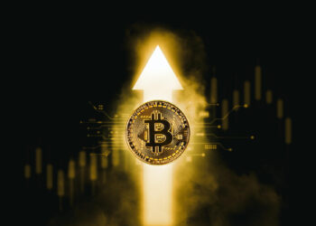 A glowing Bitcoin coin is centered in front of a bright, upward-pointing arrow, symbolizing crypto growth, with digital circuit patterns and faint financial chart bars in the background. | MONEY6X