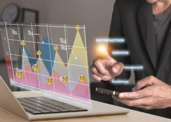 A person in a suit uses a smartphone and points at holographic graphs with smiley and sad face icons, showing satisfaction levels. Text labels read satisfaction, service, teamwork, business near a laptop. | MONEY6X