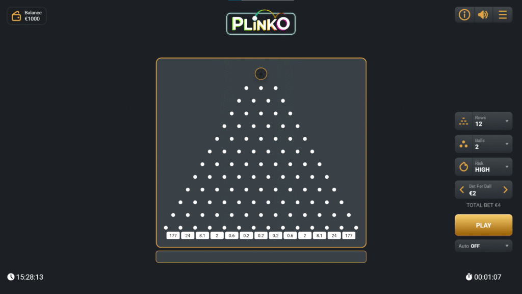 Screenshot of an online Plinko games interface with a €1000 balance. The board features triangle-arranged pegs, betting options on the right, prize amounts below each slot, and a timer displayed in the corner. | MONEY6X