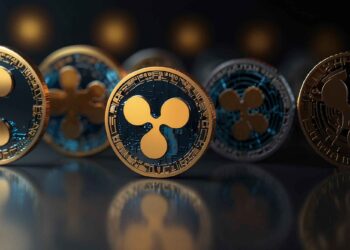 Several Ripple (XRP) coins are displayed in a row, featuring the gold Ripple logo on dark, circuit-like backgrounds. The coins are in focus at the front and gradually blur toward the back. | MONEY6X