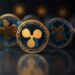 Several Ripple (XRP) coins are displayed in a row, featuring the gold Ripple logo on dark, circuit-like backgrounds. The coins are in focus at the front and gradually blur toward the back. | MONEY6X