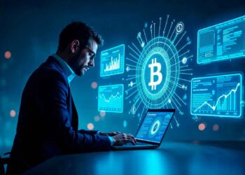 Man using laptop with digital Bitcoin symbol and virtual financial charts displayed on blue screens around him.