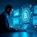 Man using laptop with digital Bitcoin symbol and virtual financial charts displayed on blue screens around him.