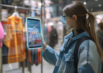 A young woman wearing glasses uses an augmented reality tablet to view virtual clothing options while shopping in a modern clothing store. Various garments are displayed on racks in the background. | MONEY6X