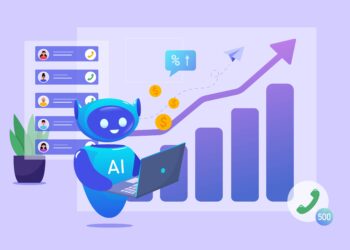 A blue AI robot holds a laptop in front of a rising bar and line graph, with coins, icons, and a contact list, symbolizing AI-driven business growth and communication. | MONEY6X