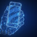A digital illustration of a hand holding a smartphone, both formed by glowing blue lines and dots representing a network or futuristic technology on a dark background. | MONEY6X