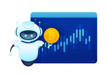 A friendly robot holds a Bitcoin coin in front of a digital chart with rising blue bars and lines, suggesting cryptocurrency trading or investment analysis. | MONEY6X