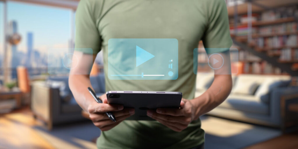 A person in a green shirt holds a tablet and stylus in a modern living room with a blurred city view; holographic video player icons suggest how to Rotate Your Streaming Services for the best entertainment options. | MONEY6X