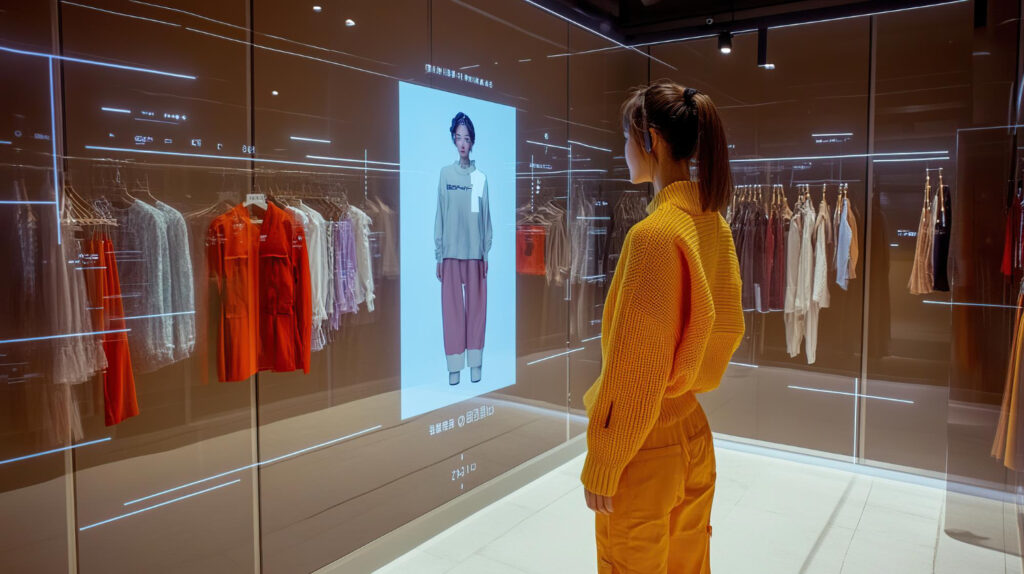 A woman in an orange outfit stands in a modern clothing store, looking at a digital screen that displays a virtual model wearing different clothes, with racks of colorful clothing in the background. | MONEY6X