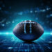 A football with blue laces sits on a digital, glowing grid with a futuristic blue background and scattered lights, creating a high-tech, dramatic atmosphere. | MONEY6X