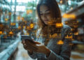 A woman in a modern indoor space looks at her smartphone, surrounded by floating digital graphs, charts, and data icons, representing technology and data analysis. | MONEY6X
