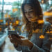 A woman in a modern indoor space looks at her smartphone, surrounded by floating digital graphs, charts, and data icons, representing technology and data analysis. | MONEY6X