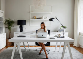 A woman in a white dress sits at a modern white desk in a bright, stylish office, working on a laptop. The room features shelves, cabinets, plants, and large windows letting in natural light. | MONEY6X