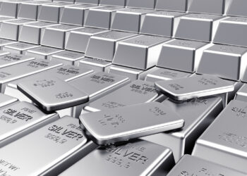 Stacks of shiny silver bars arranged closely together, with some bars slightly askew. Each bar is stamped with "FINE SILVER 999.9" and weight information. The surface reflects light, creating a metallic sheen. | MONEY6X