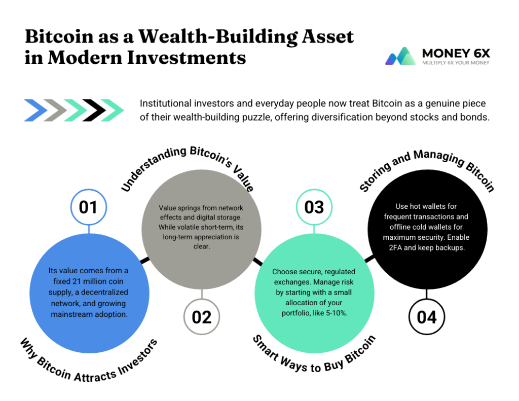 Infographic titled "Bitcoin as a Wealth-Building Asset in Modern Investments," outlining four sections on why Bitcoin attracts investors, understanding its value, smart ways to buy Bitcoin, and storing and managing Bitcoin. | MONEY6X