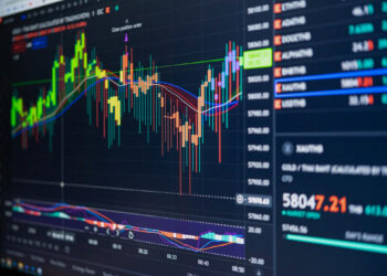 A computer screen displays colorful financial charts and graphs showing fluctuating stock prices, candlestick patterns, trend lines, and trading indicators, with price data and figures on the right side. | MONEY6X