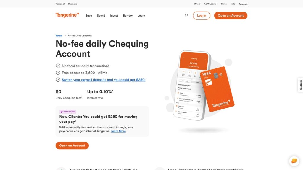 Screenshot of Tangerine Bank’s website showing a no-fee daily chequing account promotion, featuring images of an orange debit card and a mobile banking app, with options to open an account and learn more. | MONEY6X
