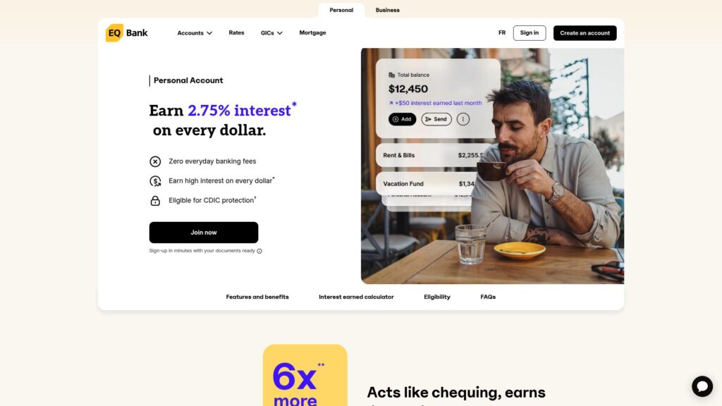 A man sits at a café table drinking coffee while looking at his phone. On the left, EQ Bank’s website displays a personal account offer: 2.75% interest, no banking fees, and a savings balance of $12,450. | MONEY6X