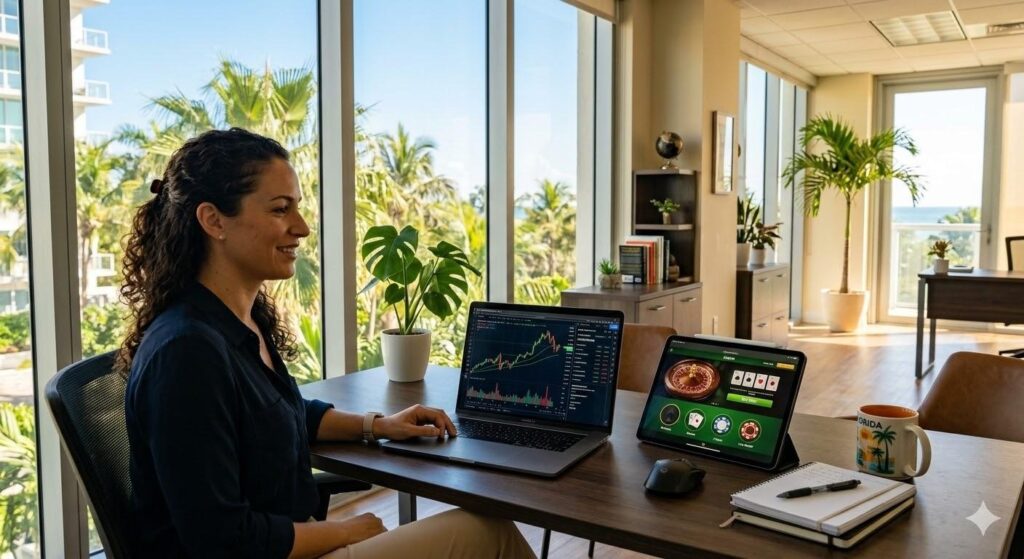 A woman sits at a desk with a laptop showing stock charts and a tablet displaying a casino game. She is smiling in a bright, modern office with large windows, plants, a notebook, and a coffee mug. | MONEY6X