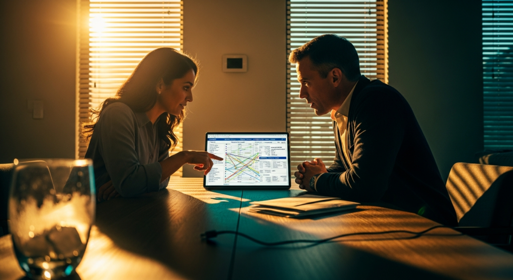 A woman and a man sit across from each other at a table in a sunlit office, discussing a data chart displayed on a laptop between them. Documents and a glass are on the table. | MONEY6X