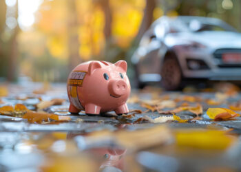 A pink piggy bank sits on a wet, leaf-covered street with a blurred silver car and autumn trees in the background, suggesting themes of savings and finances. | MONEY6X