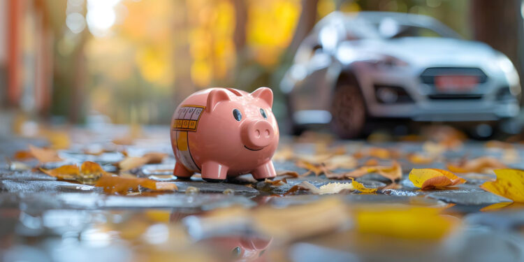 A pink piggy bank sits on a wet, leaf-covered street with a blurred silver car and autumn trees in the background, suggesting themes of savings and finances. | MONEY6X