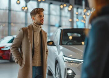 A man in a tan coat and turtleneck stands indoors near a white car, looking at another person. The setting appears to be a modern car showroom with large windows and hanging lights. | MONEY6X