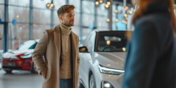 A man in a tan coat and turtleneck stands indoors near a white car, looking at another person. The setting appears to be a modern car showroom with large windows and hanging lights. | MONEY6X