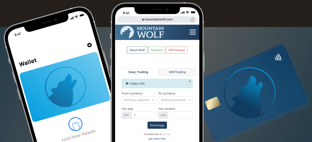 Three items: a smartphone showing a wallet app with a wolf logo, another phone displaying the Mountain Wolf platform for crypto trading, and a blue contactless payment card with a wolf silhouette and chip. | MONEY6X