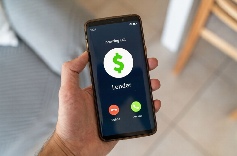 A hand holding a smartphone displaying an incoming call screen with a dollar sign icon and the caller labeled as "Lender." Options to decline or accept the call are visible. | MONEY6X
