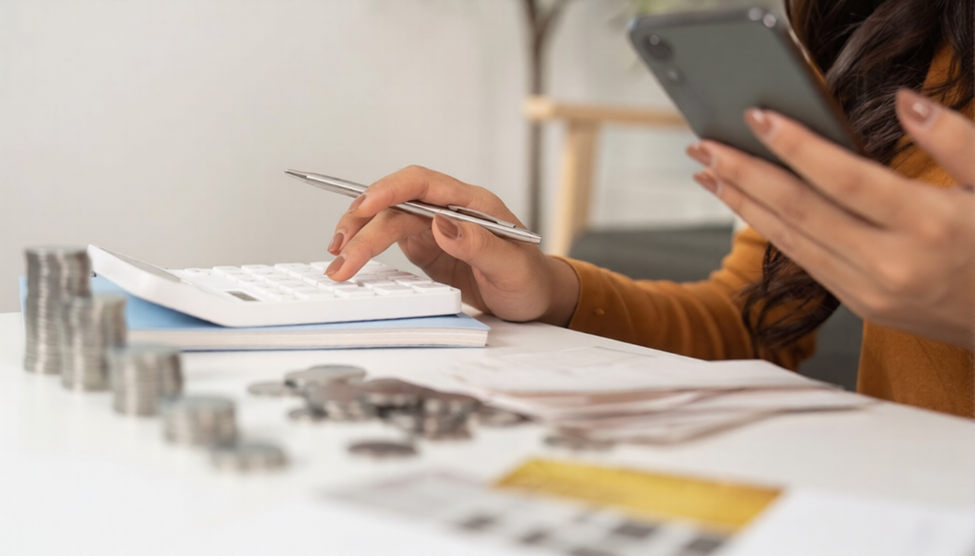 A person using a calculator and holding a smartphone at a desk with papers, coins, and stacks of money, suggesting financial planning or budgeting. | MONEY6X