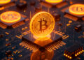 A glowing Bitcoin symbol stands upright on a computer chip, surrounded by circuitry and several other illuminated Bitcoin symbols, representing cryptocurrency mining and digital currency technology. | MONEY6X