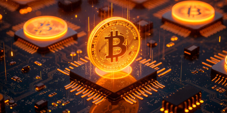 A glowing Bitcoin symbol stands upright on a computer chip, surrounded by circuitry and several other illuminated Bitcoin symbols, representing cryptocurrency mining and digital currency technology. | MONEY6X