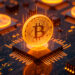 A glowing Bitcoin symbol stands upright on a computer chip, surrounded by circuitry and several other illuminated Bitcoin symbols, representing cryptocurrency mining and digital currency technology. | MONEY6X