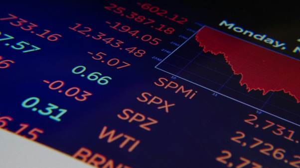 A digital screen displays various stock indexes and numbers, with a red line graph indicating a downward trend in the market. The background is dark, highlighting colorful financial data. | MONEY6X