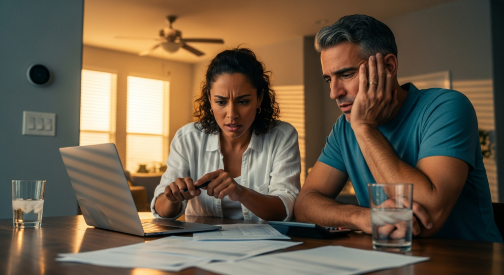 A worried couple sits at a table with a laptop, papers, and glasses of water, looking stressed as they review documents together in a home setting. | MONEY6X