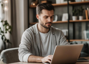 A man working on a laptop at a wooden desk. | MONEY6X